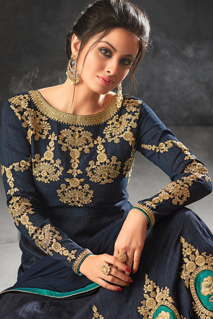 Indigo-Blue color Raw Silk Party Wear Anarkali Suit
