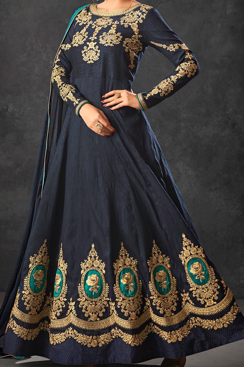 Indigo-Blue color Raw Silk Party Wear Anarkali Suit