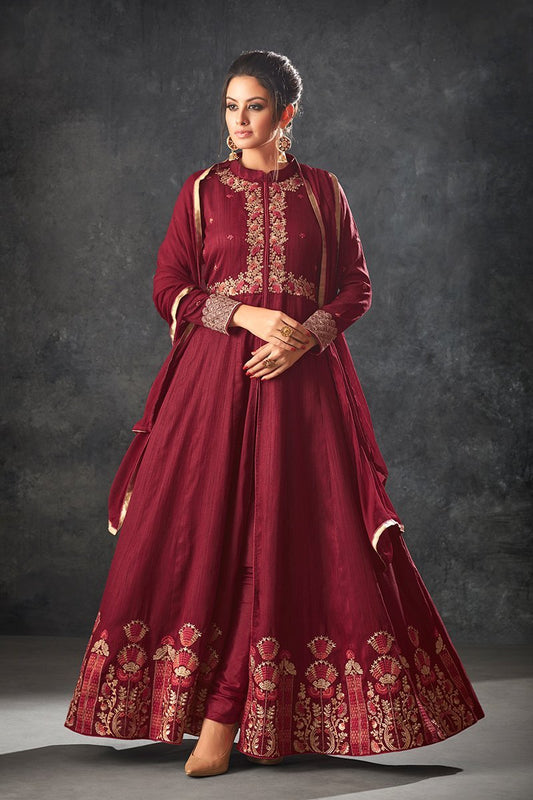 Maroon Oak color Raw Silk Party Wear Anarkali Suit