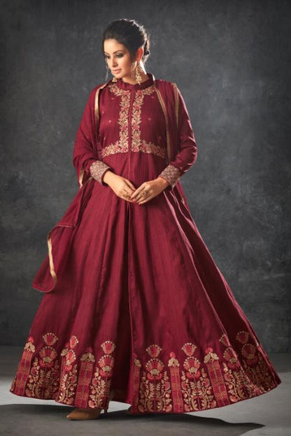 Maroon Oak color Raw Silk Party Wear Anarkali Suit