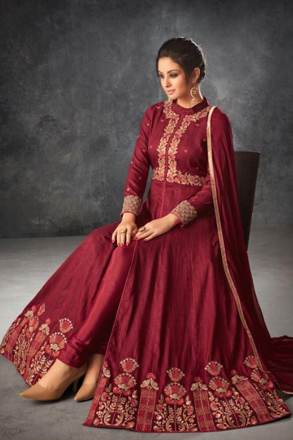 Maroon Oak color Raw Silk Party Wear Anarkali Suit