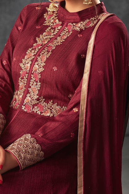 Maroon Oak color Raw Silk Party Wear Anarkali Suit