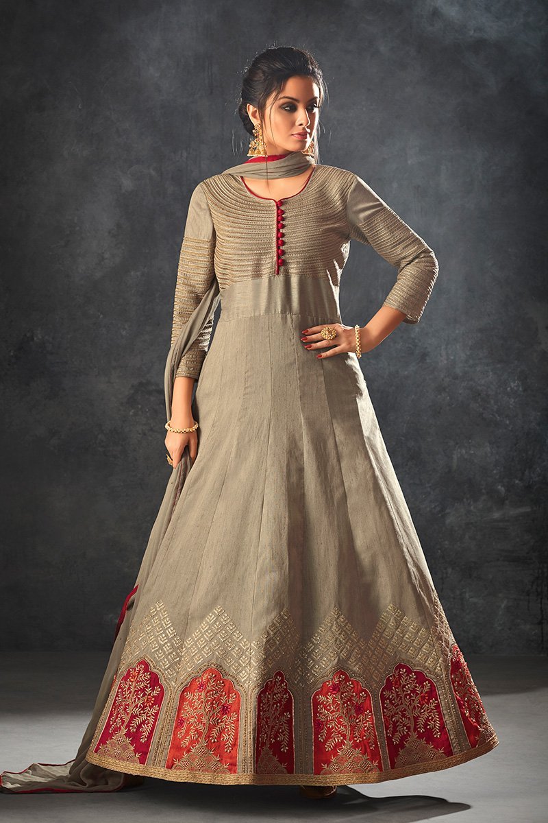Tortilla-Brown color Raw Silk Anarkali Suit