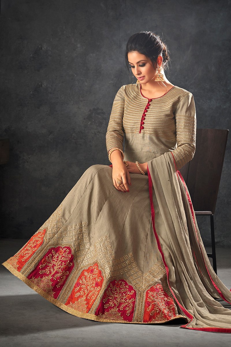 Tortilla-Brown color Raw Silk Anarkali Suit