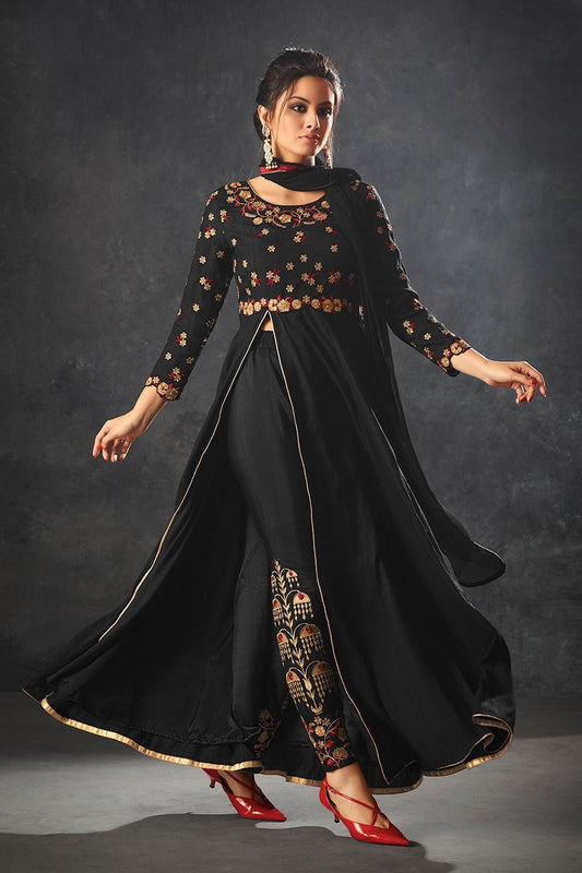 Mid-night Black color Raw Silk Anarkali Suit