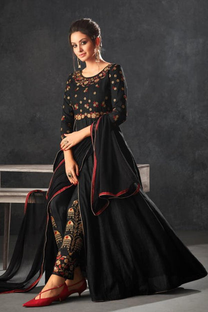 Mid-night Black color Raw Silk Anarkali Suit