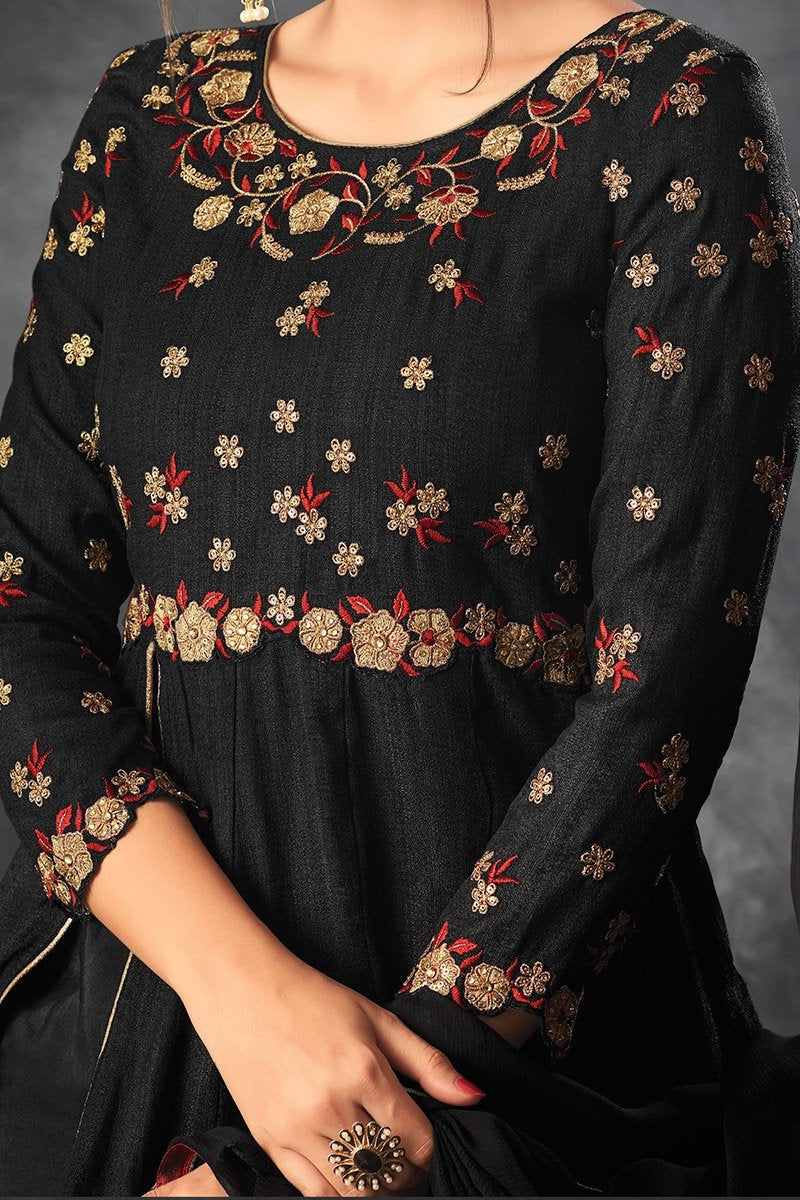 Mid-night Black color Raw Silk Anarkali Suit