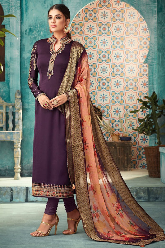 Purple Georgette Party Wear Straight Cut Suit