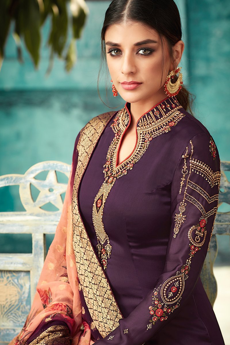 Purple Georgette Party Wear Straight Cut Suit