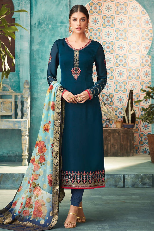 Blue Georgette Party Wear Straight Cut Suit