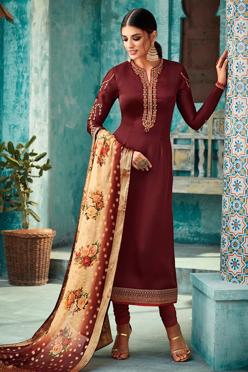 Maroon Georgette Party Wear Straight Cut Suit