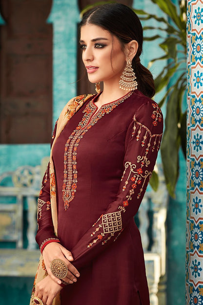 Maroon Georgette Party Wear Straight Cut Suit