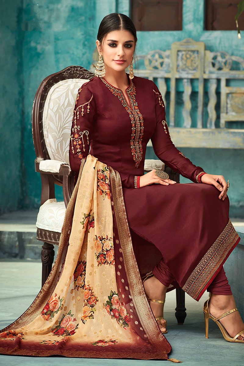 Maroon Georgette Party Wear Straight Cut Suit
