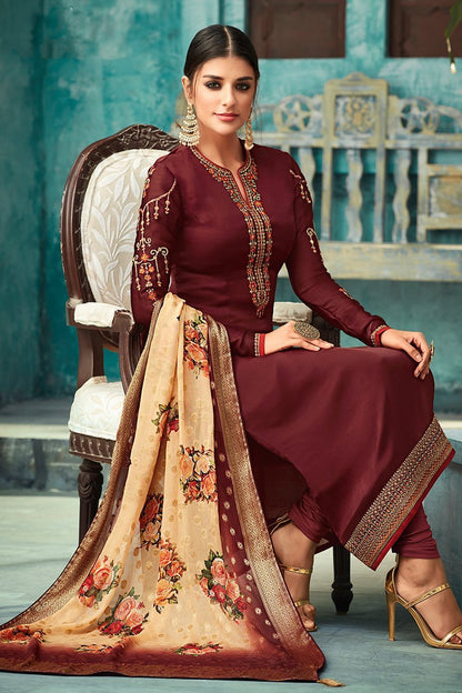 Maroon Georgette Party Wear Straight Cut Suit