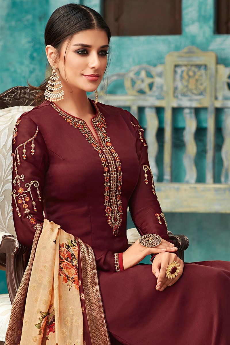 Maroon Georgette Party Wear Straight Cut Suit