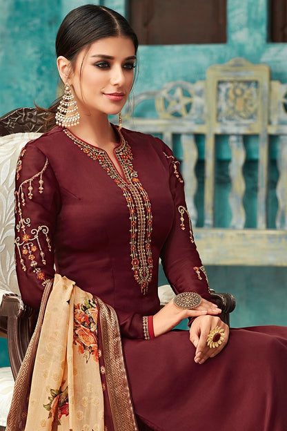 Maroon Georgette Party Wear Straight Cut Suit