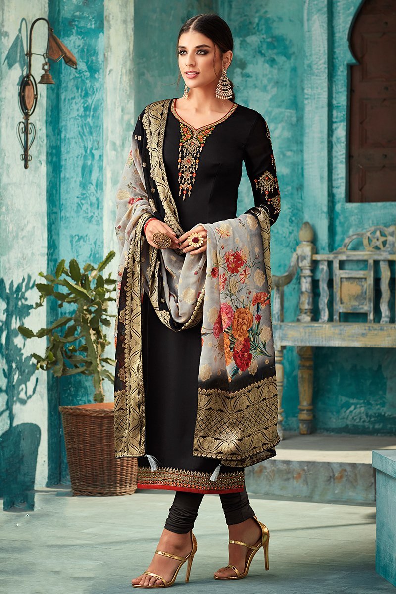 Midnight Black Georgette Party Wear Straight Cut Suit