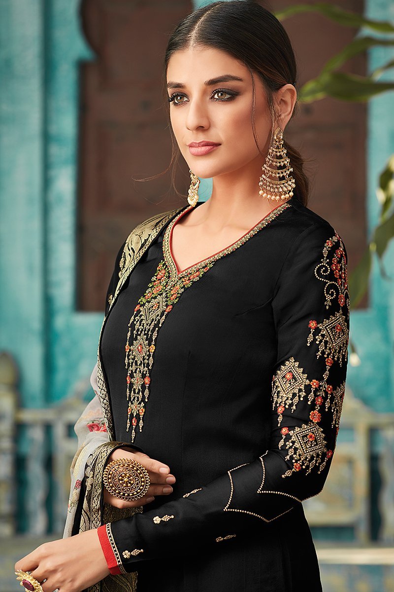 Midnight Black Georgette Party Wear Straight Cut Suit