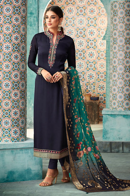 Navy Blue Georgette Party Wear Straight Cut Suit