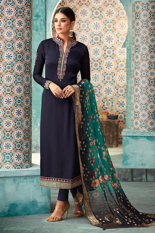 Navy Blue Georgette Party Wear Straight Cut Suit