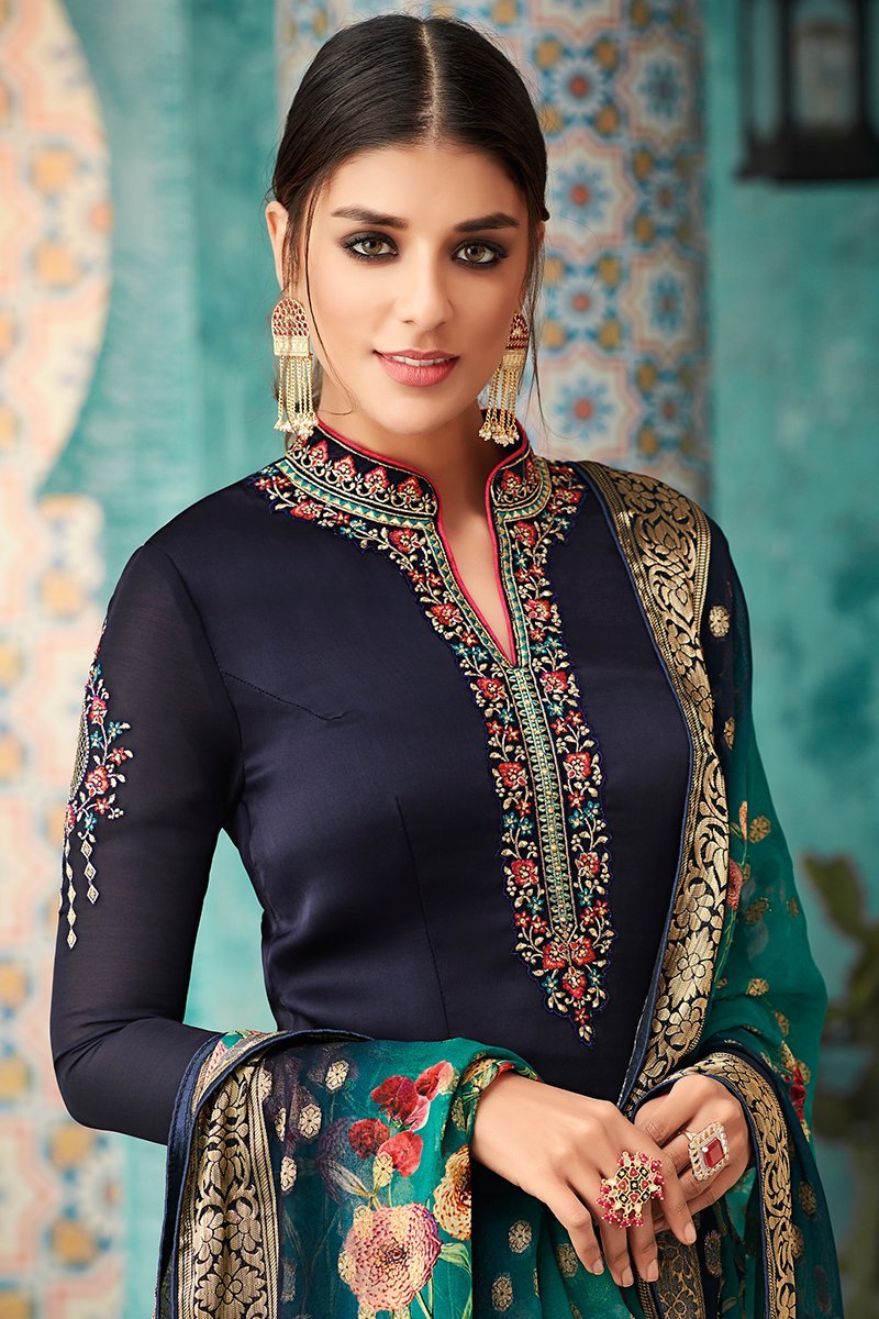 Navy Blue Georgette Party Wear Straight Cut Suit