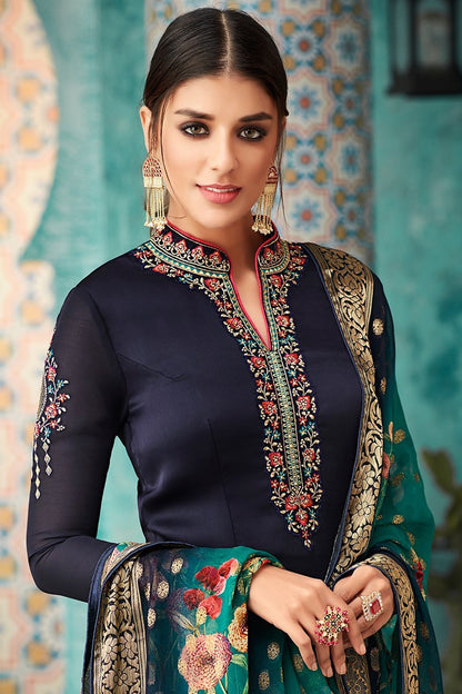 Navy Blue Georgette Party Wear Straight Cut Suit