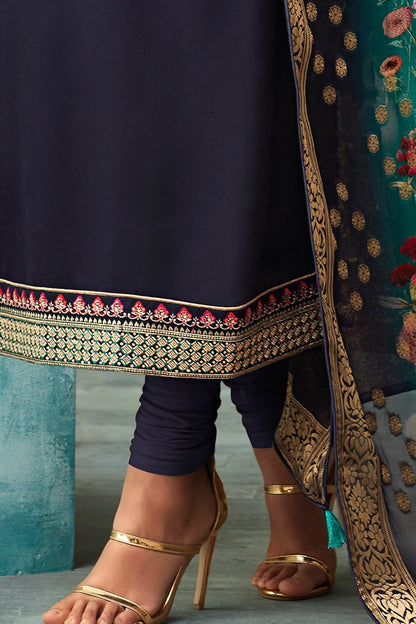 Navy Blue Georgette Party Wear Straight Cut Suit