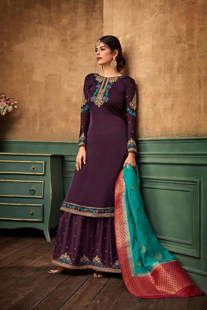Violet Georgette Embroidered Sharara Suit