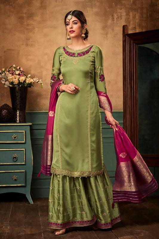 Yellow Metal and Magenta Georgette Embroidered Sharara Suit