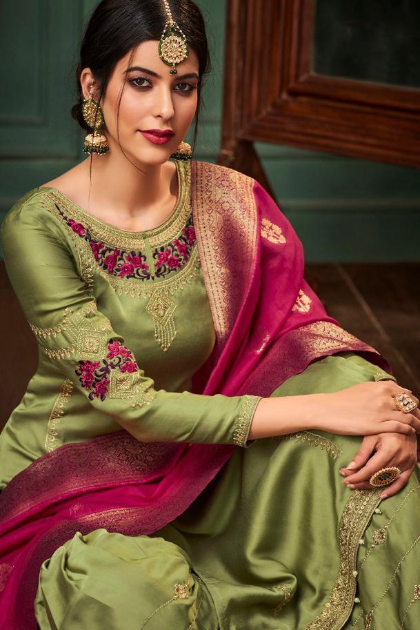 Yellow Metal and Magenta Georgette Embroidered Sharara Suit