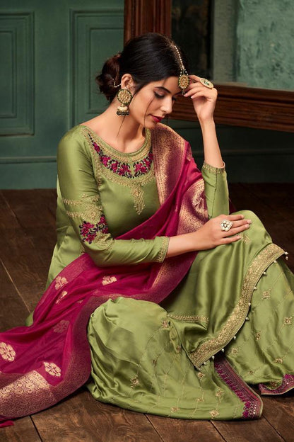 Yellow Metal and Magenta Georgette Embroidered Sharara Suit