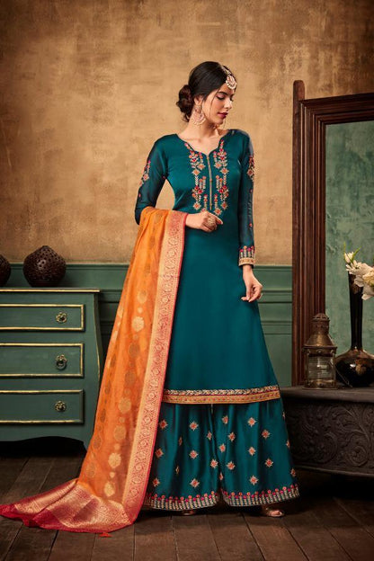 Sapphire Blue and Peach Georgette Embroidered Sharara Suit