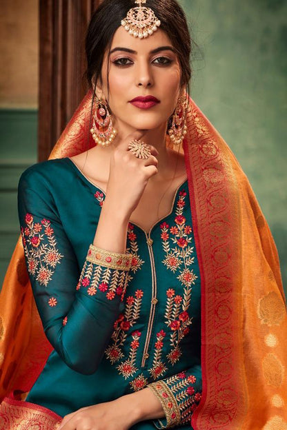 Sapphire Blue and Peach Georgette Embroidered Sharara Suit