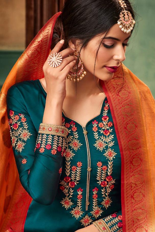 Sapphire Blue and Peach Georgette Embroidered Sharara Suit