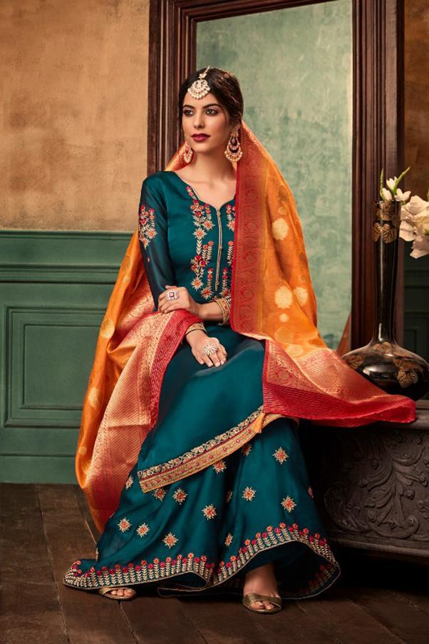 Sapphire Blue and Peach Georgette Embroidered Sharara Suit