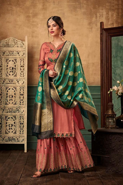 Chestnut Rose and Viridian Green Georgette Embroidered Sharara Suit