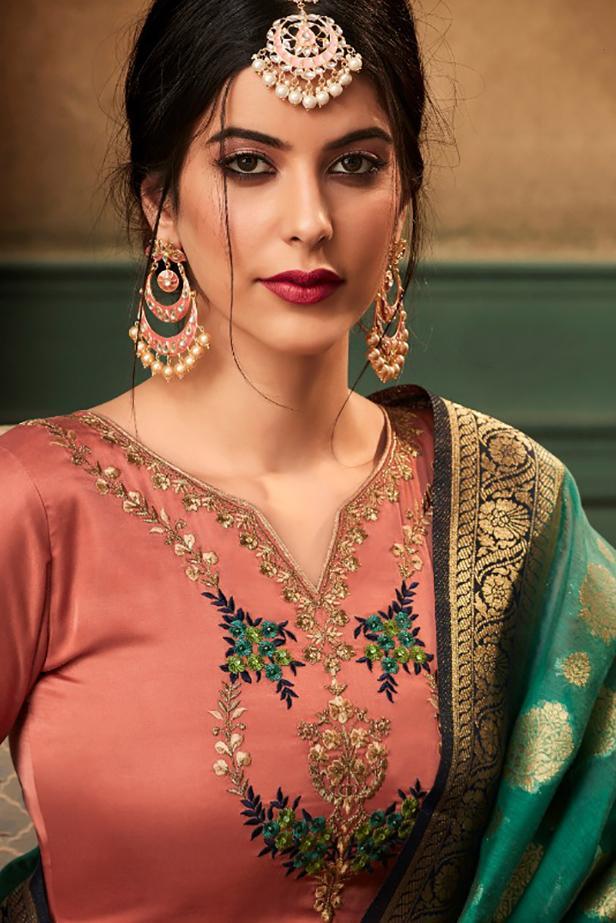 Chestnut Rose and Viridian Green Georgette Embroidered Sharara Suit