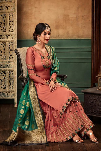 Chestnut Rose and Viridian Green Georgette Embroidered Sharara Suit