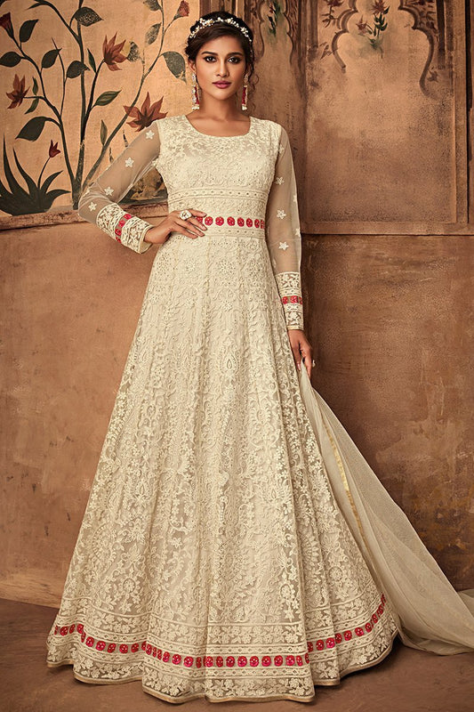 Pearl White Heavy Net Party Wear Anarkali Suit