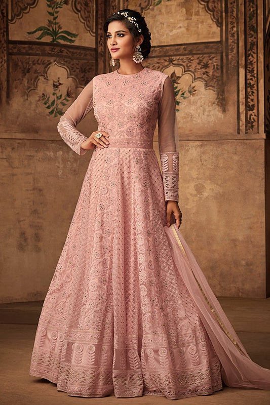 Peach Heavy Net Party Wear Anarkali Suit