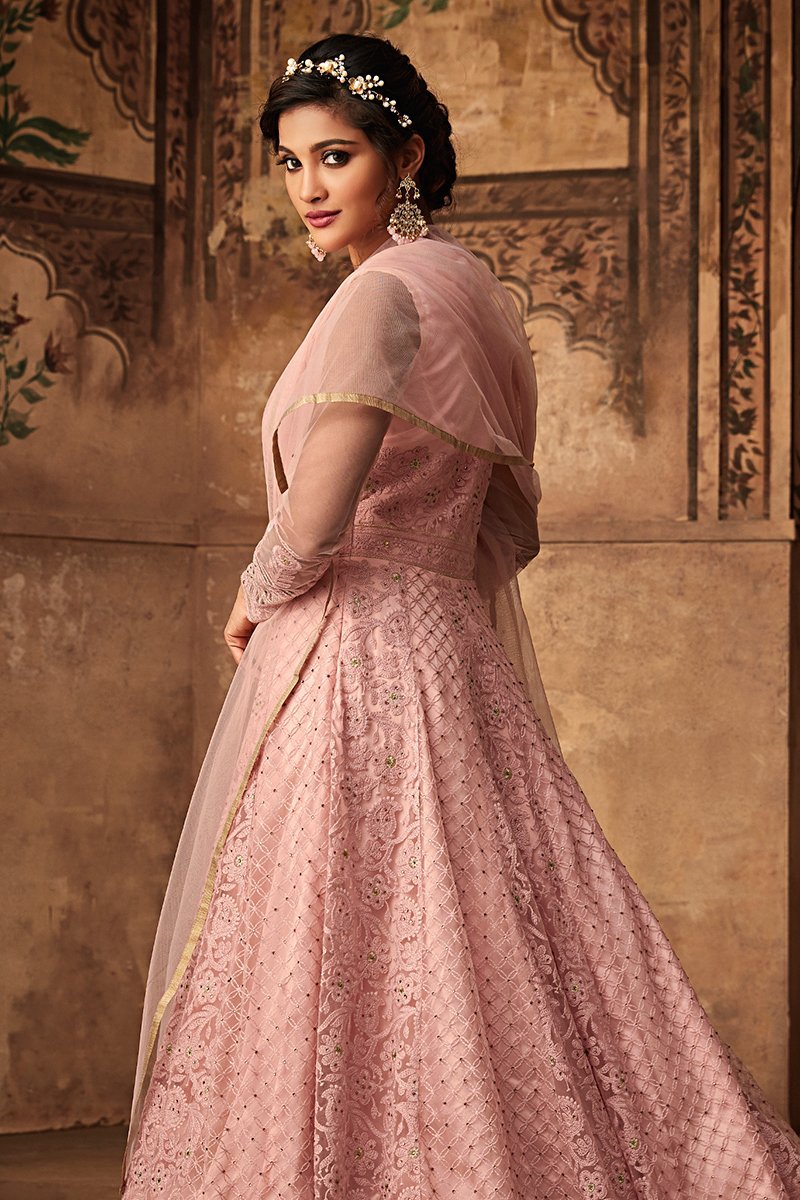 Peach Heavy Net Party Wear Anarkali Suit