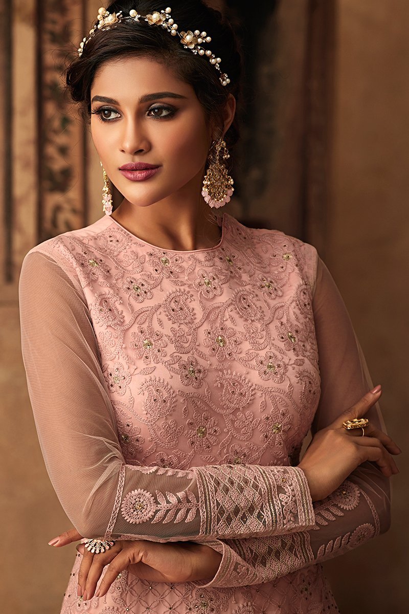 Peach Heavy Net Party Wear Anarkali Suit