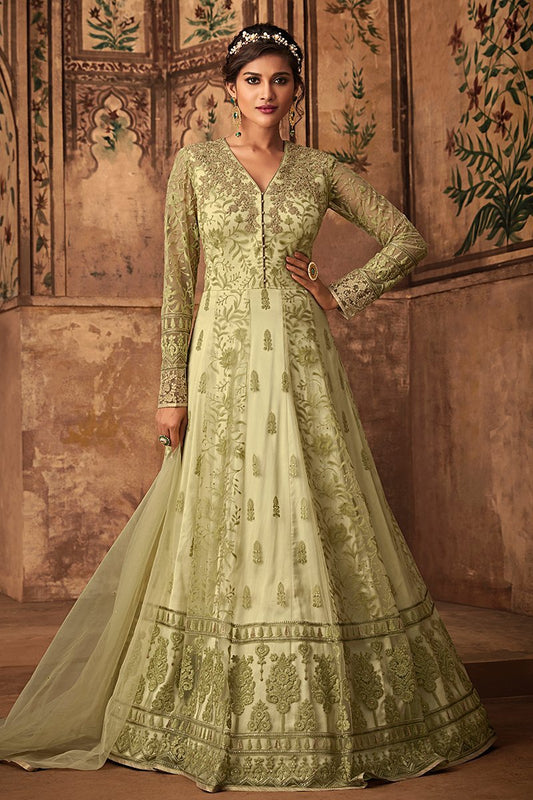 Cream Heavy Net Party Wear Anarkali Suit