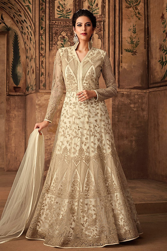 Daisy White Heavy Net Party Wear Anarkali Suit