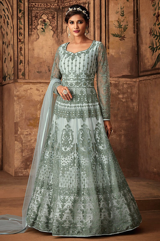 Grey and White Heavy Net Party Wear Anarkali Suit
