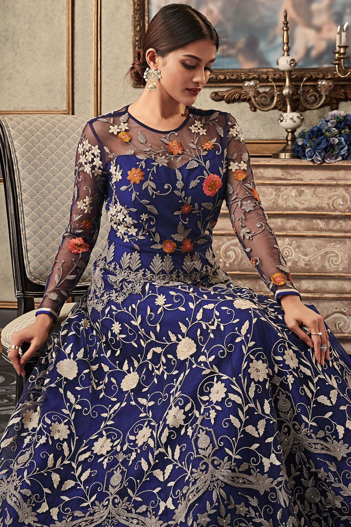 All Blue Anarkali suit with exclusive stone works and motifs