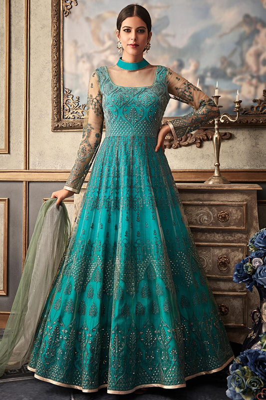 Sky Blue Anarkali with net Mint Green Dupatta
