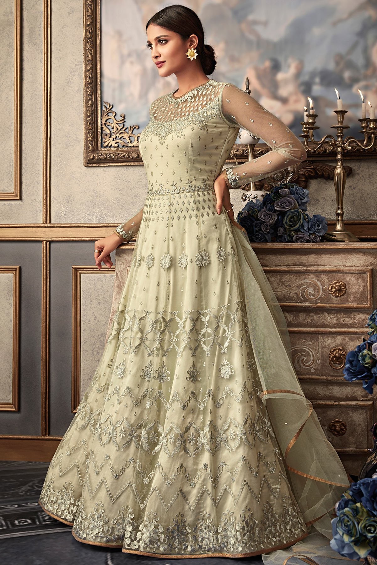 All White Anarkali suit with exclusive stone works and motifs
