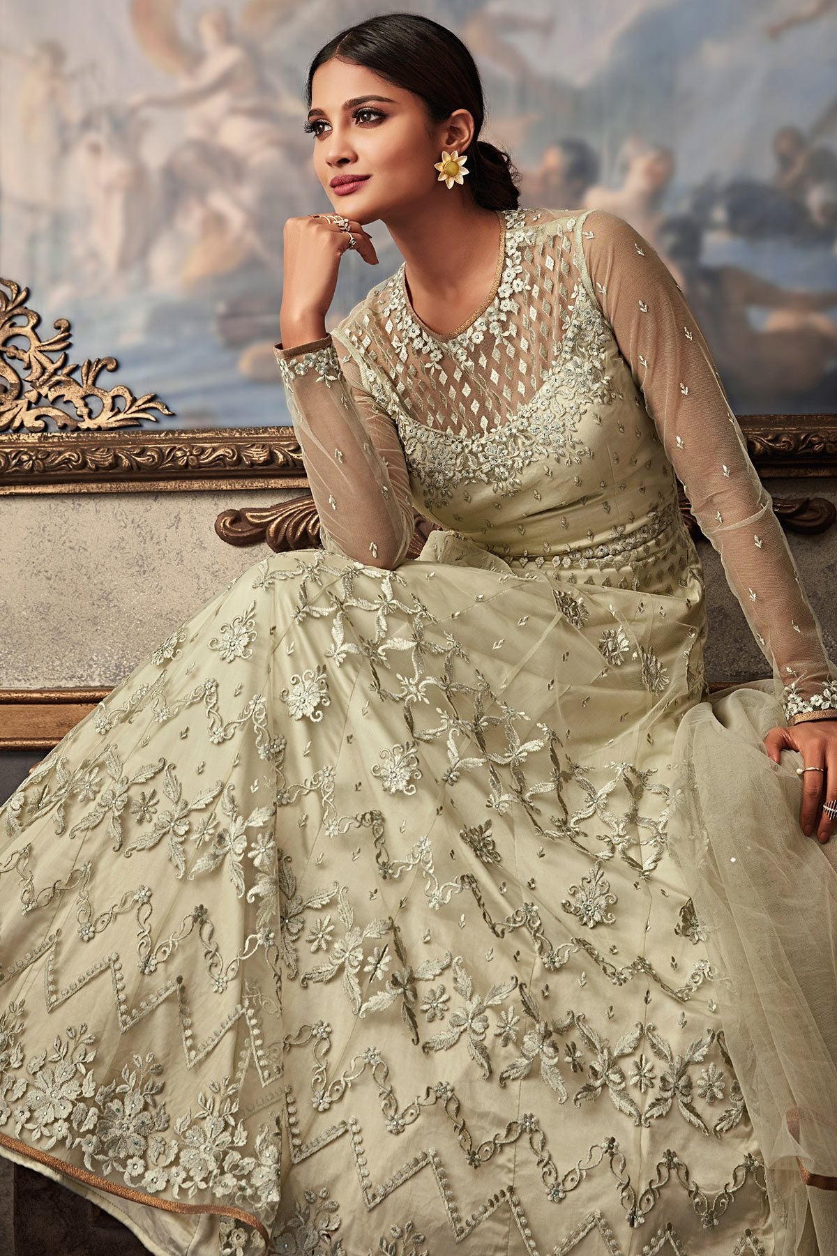 All White Anarkali suit with exclusive stone works and motifs