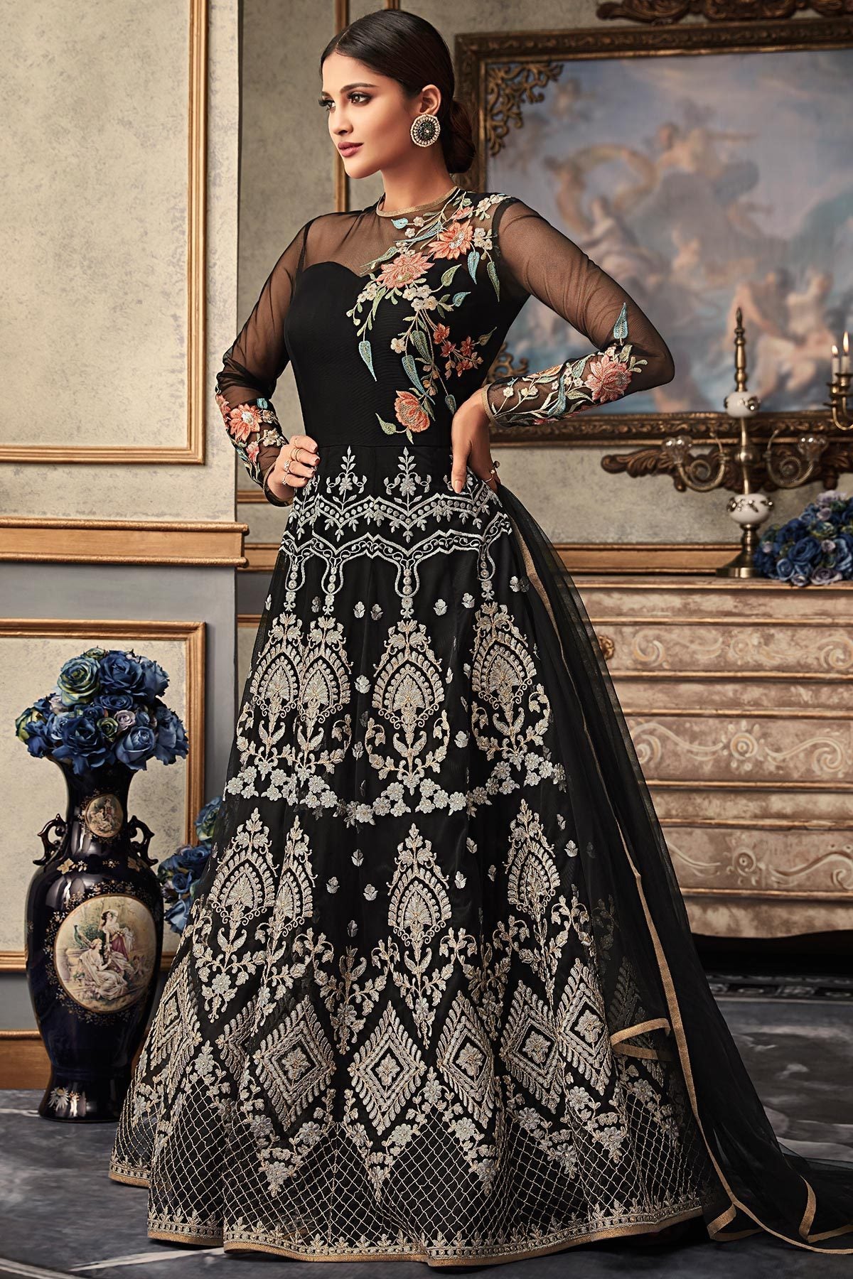 All Black Anarkali suit with great motif and stone works